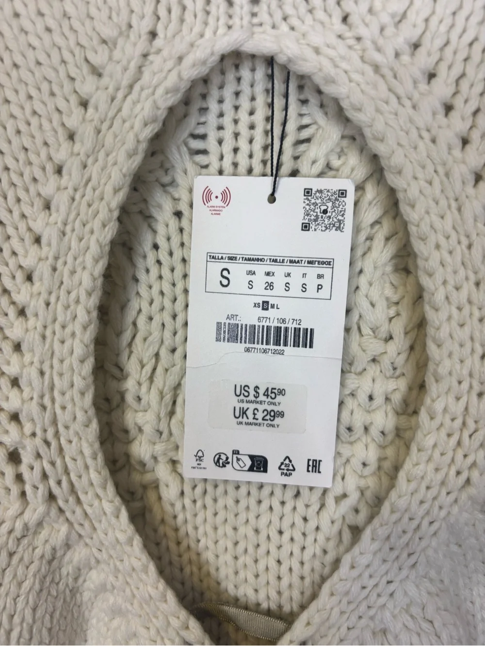 Zara Cream Cable Knit Mock Neck Sweater with Lace Up Back Women’s Small